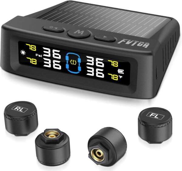 Tire Pressure Monitoring System - TPMS with Solar and USB Charger, 4 Tire Sensors and 6 Alarm Modes, Auto on/off and Voice Prompt, TPMS with Color LCD Screen, for RV, Sedan, SUV, MPV, etc (0-87 PSI)