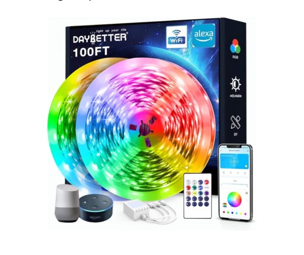 DAYBETTER 100 ft Smart WiFi Led Lights, Led Strip Lights Work with Alexa and Google Assistant, App Voice Remote Control Music Sync Color Changing RGB Strip Lighting for Bedroom Room Decor, 50 ft *2