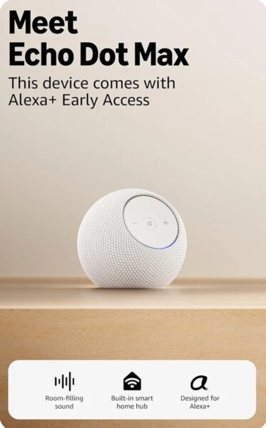 Introducing Amazon Echo Dot Max, Alexa speaker with room-filling sound and built-in smart home hub, with Alexa+ Early Access, Glacier White
