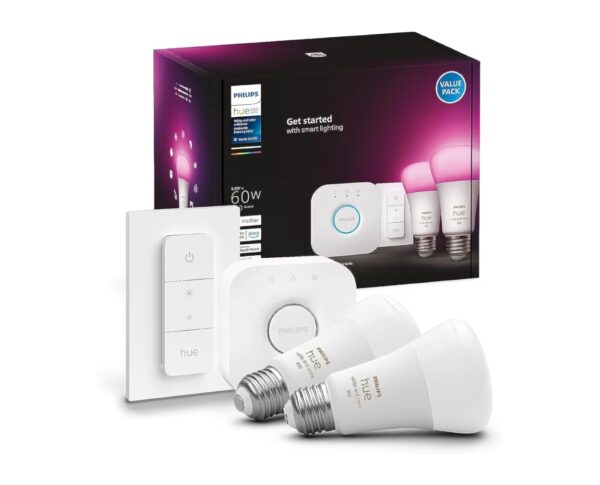 Philips Hue Smart Light Starter Kit - Includes (1) Bridge, (1) Dimmer Switch and (2) A19 LED Bulbs - White and Color Ambiance Color-Changing Light - 800LM - E26 - Control with App or Voice Assistant