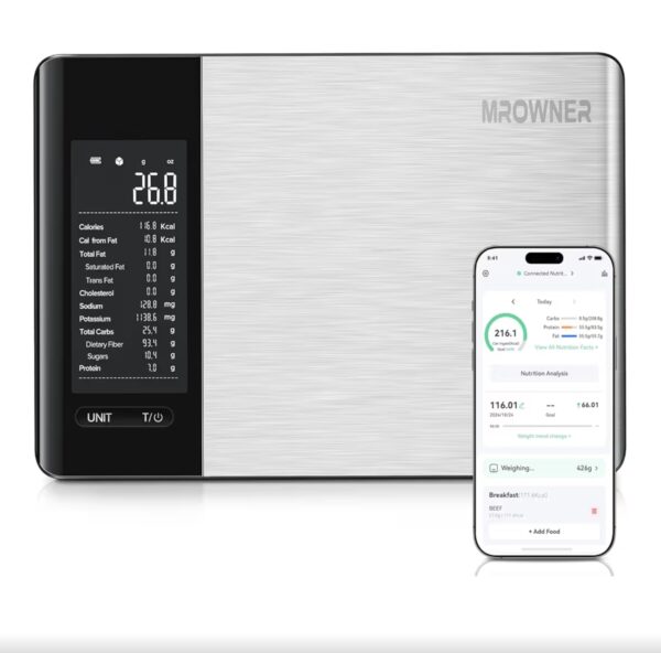 Smart Food Kitchen Scale with Nutritional Calculator, Free App with 19 Nutrients Tracking, Calorie, Marco, Digital Weight Grams and Ounces for Weight Loss, Premium Stainless Steel, 22lb