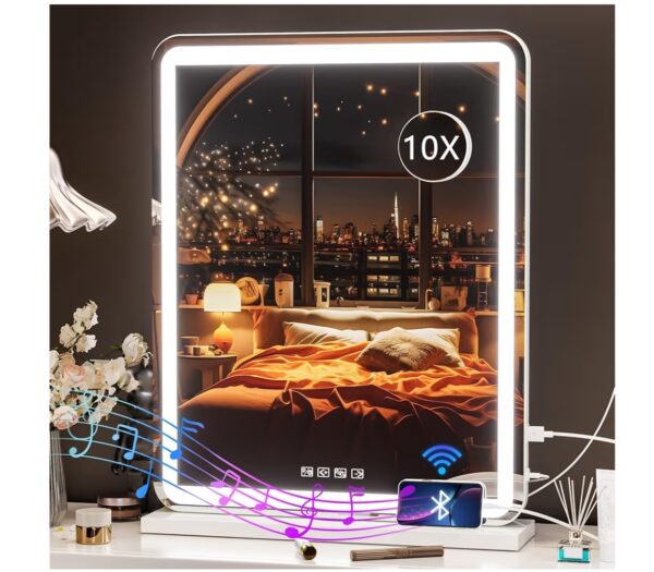 Hasipu Vanity Mirror with Lights and Bluetooth Speaker, 20" x 25" LED Makeup Mirror, Light up Mirror with 10X Magnification and USB Charging Port, Smart Touch 3 Colors Dimmable (White)