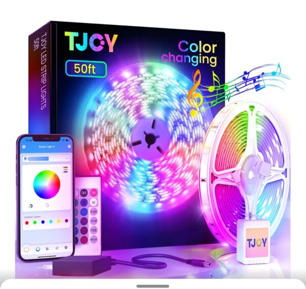 TJOY 50ft Bluetooth LED Strip Lights, Music Sync 5050 LED Light Strip RGB Color Changing LED Lights Strip with Phone Remote, LED Lights for Bedroom Kitchen TV Party TIKTOK DIY (APP+Remote +Mic)