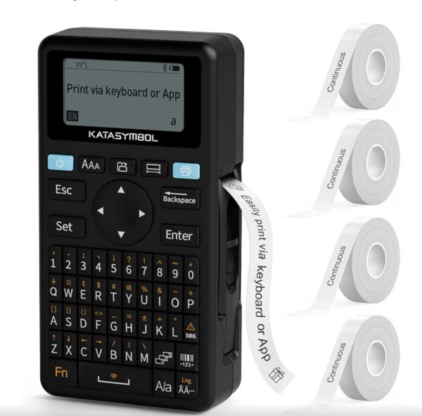 SUPVAN E11 Bluetooth Label Maker Machine with 4 Tapes, Support Keyboard & App with 40 Fonts and 450+ Icons, Rechargeable Inkless Labeler for Home, Kitchen, Office, School Organization, Black