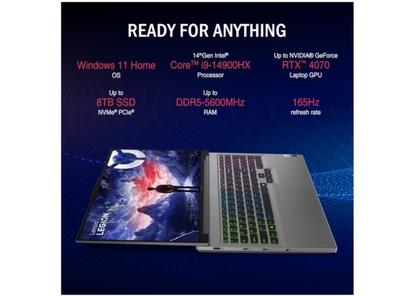 Lenovo Legion 16" QHD+ i9 RTX 4070 Gaming Laptop, 16" QHD+ (2560 x 1600) 165 Hz, Intel i9-14900HX, NVIDIA GeForce RTX 4070, 32GB RAM, 1TB SSD, RGB Backlit Keyboard, Windows 11 Home, Grey