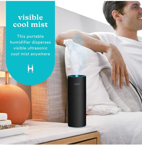 Homedics Portable Humidifier - Small Air Humidifiers for Bedroom, Plants, Office, Travel - Cool Mist Humidifiers, Color-Changing Accent Light, 2 Mist Settings, Black