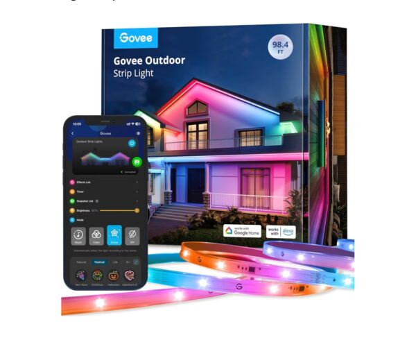 Govee Outdoor LED Strip Lights, 98.4ft Smart Outdoor Lights Work with Alexa and Google Assistant, App Control, IP65 Waterproof, RGBIC Lights for Patio, Eave, Party Decorations