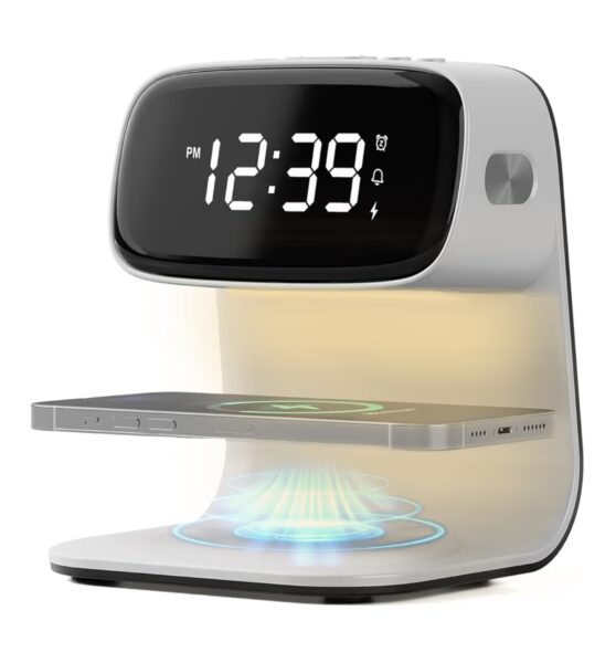 Digital Alarm Clock with Wireless Fast Charging Station 15W Touch Smart Lamp for Bedside,3 Colors Nightlight Adjustment Night Lamp for Living Room,Bedside,Heavy Sleepers (White+Cable&Adapter)