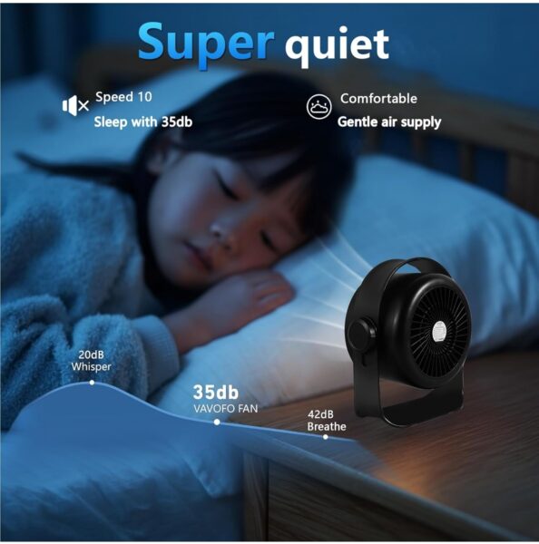 VAVOFO Desk Fan, Small Quiet LED Display Portable Table Fans, 180°Tilt, 100 Speeds, 5 Modes, Rechargeable 3600mAh Battery Operated USB Fan For Office, Bedroom, Outdoor(Black)