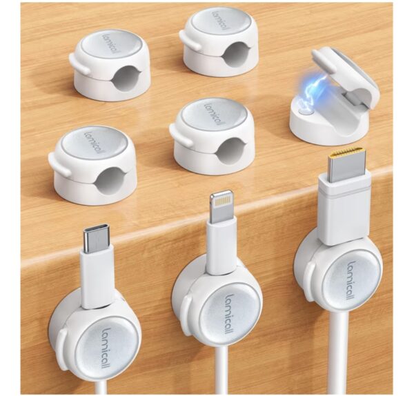 Magnetic Cable Clips Cord Organizer - Lamicall 8Pack [Crystal-Clear & Silver Shine] Cable Management Holder for Phone Charging Cord, Strong Adhesive for Nightstand, Home Office Desk Decor Accessories