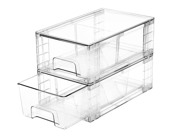 2 Pack Stackable Storage Drawers,Plastic Organizers Bins, Drawers Storage with Handles and Movable Dividers for Organization and Storage in Fridge,Dressers, Pantry, Kitchen Cabinets, Under Sink