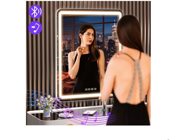 Hasipu Vanity Mirror with Lights and Bluetooth Speaker, 20" x 25" LED Makeup Mirror, Light up Mirror with 10X Magnification and USB Charging Port, Smart Touch 3 Colors Dimmable (White)