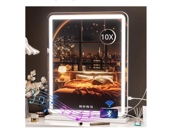 Hasipu Vanity Mirror with Lights and Bluetooth Speaker, 20" x 25" LED Makeup Mirror, Light up Mirror with 10X Magnification and USB Charging Port, Smart Touch 3 Colors Dimmable (White)