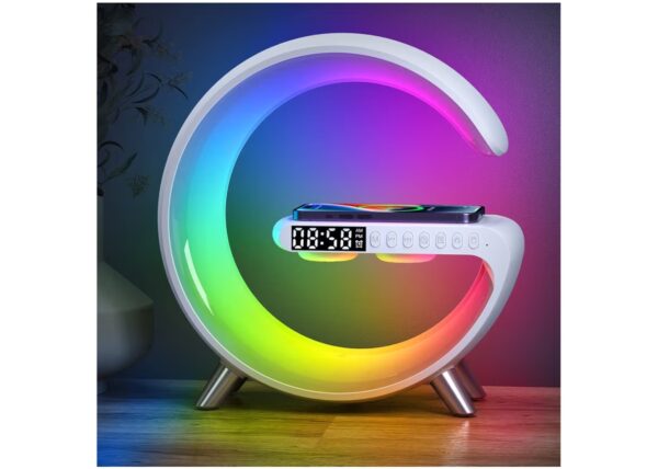 Smart LED Table Lamp, 4-in-1 Wireless Charger, Music Rhythm Ambient Night Light, Alarm Clock, and Bluetooth Speaker with App Control, G-Shaped Lamp for Bedroom, Office and Home Decor (White)