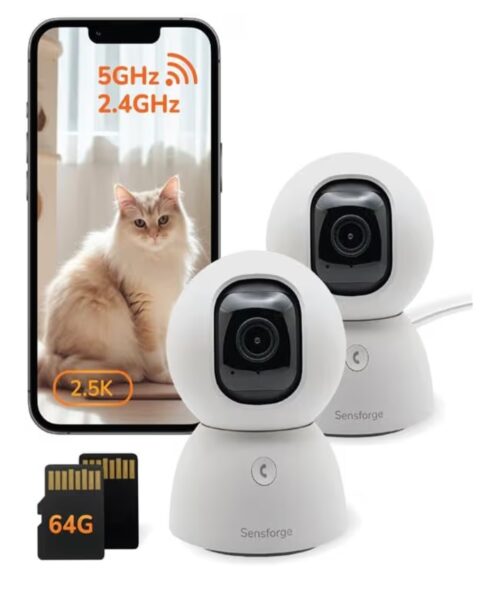 Sensforge 2.5K Indoor Pan-Tilt Dome Security Camera (2-Pack), AI Human & Pet Detection, 360° Coverage, Two-Way Audio, Dual-Band Wi-Fi (2.4G/5G), 64GB SD Card Included, No Monthly Fees