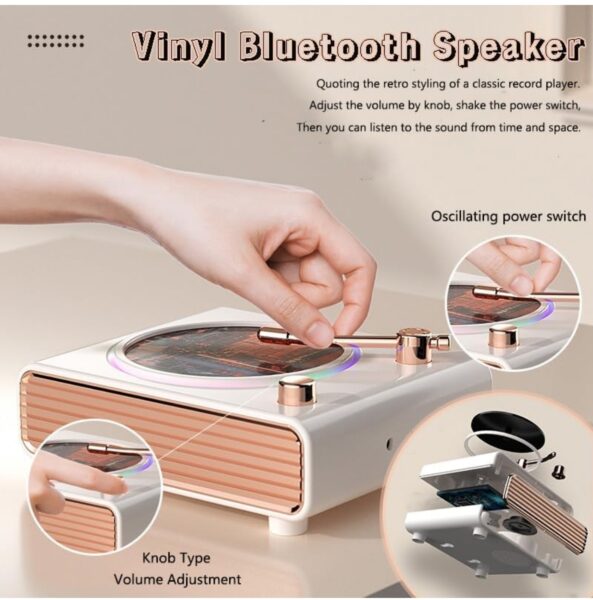 Retro Bluetooth Speaker, Wireless Speakers with Bluetooth Desktop Music Player, Portable Record Player Vintage Turntable Design & Lighting Music Decor Gifts for Friends (Pink