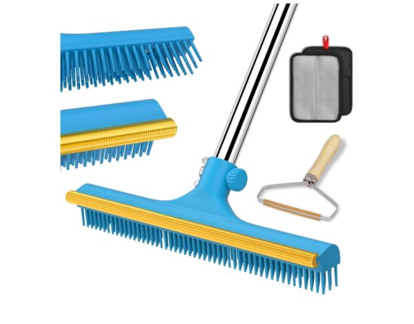 3 in 1 Carpet Rake for Pet Hair Removal, Reusable Pet Hair Remover Broom, 60'' Adjustable Long Handle Dog and Cat Hair Remover Tool Set of 3, Lint Remover Scraper for Carpets, Rugs, Mats, Couch, Car