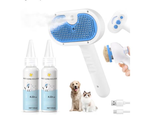 Pet Steam Brush for Dog & Cat - 3-in-1 Steam Grooming Brush for Shedding & Hair Removal - Self Cleaning Spray Comb with Mist for Long Haired Pets - Includes 2*Waterless Shampoo, Blue