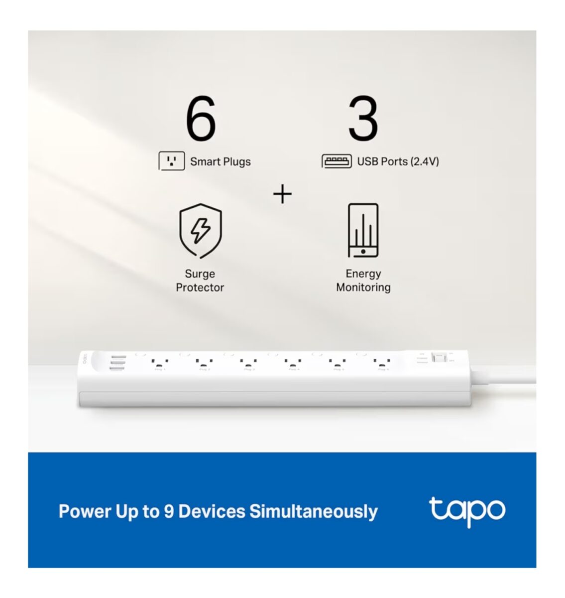 Tapo Smart Wi-Fi Power Strip - Matter Compatible, Energy Monitoring, Surge Protection, 6 Individually Controlled Outlets & 3 USB Ports, Works with Alexa, Google Assistant, Siri & Bixby - Tapo P316M