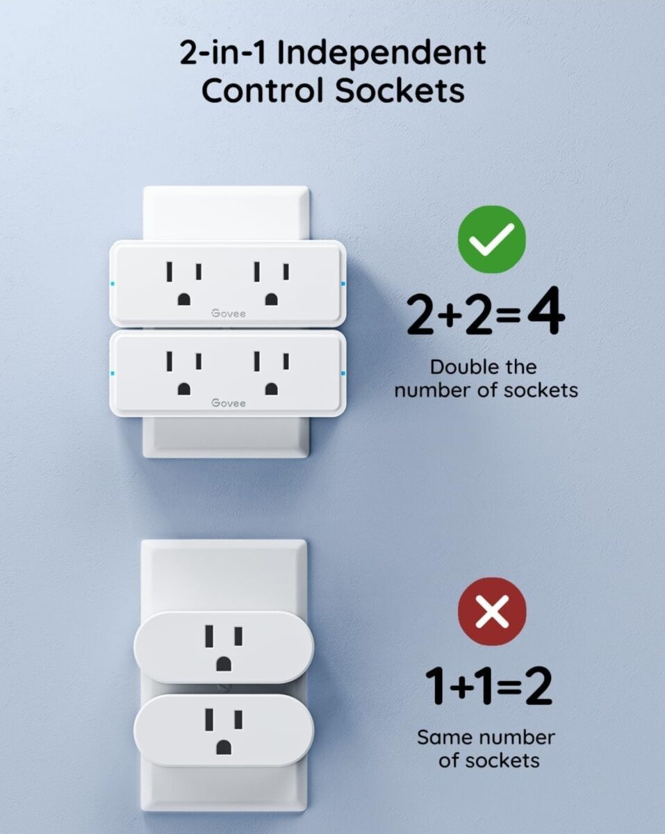 Govee Dual Smart Plug 4 Pack, 15A WiFi Bluetooth Outlet, Work with Alexa and Google Assistant, 2-in-1 Compact Design, Govee Home App Control Remotely with No Hub Required, Timer, FCC and ETL Certified