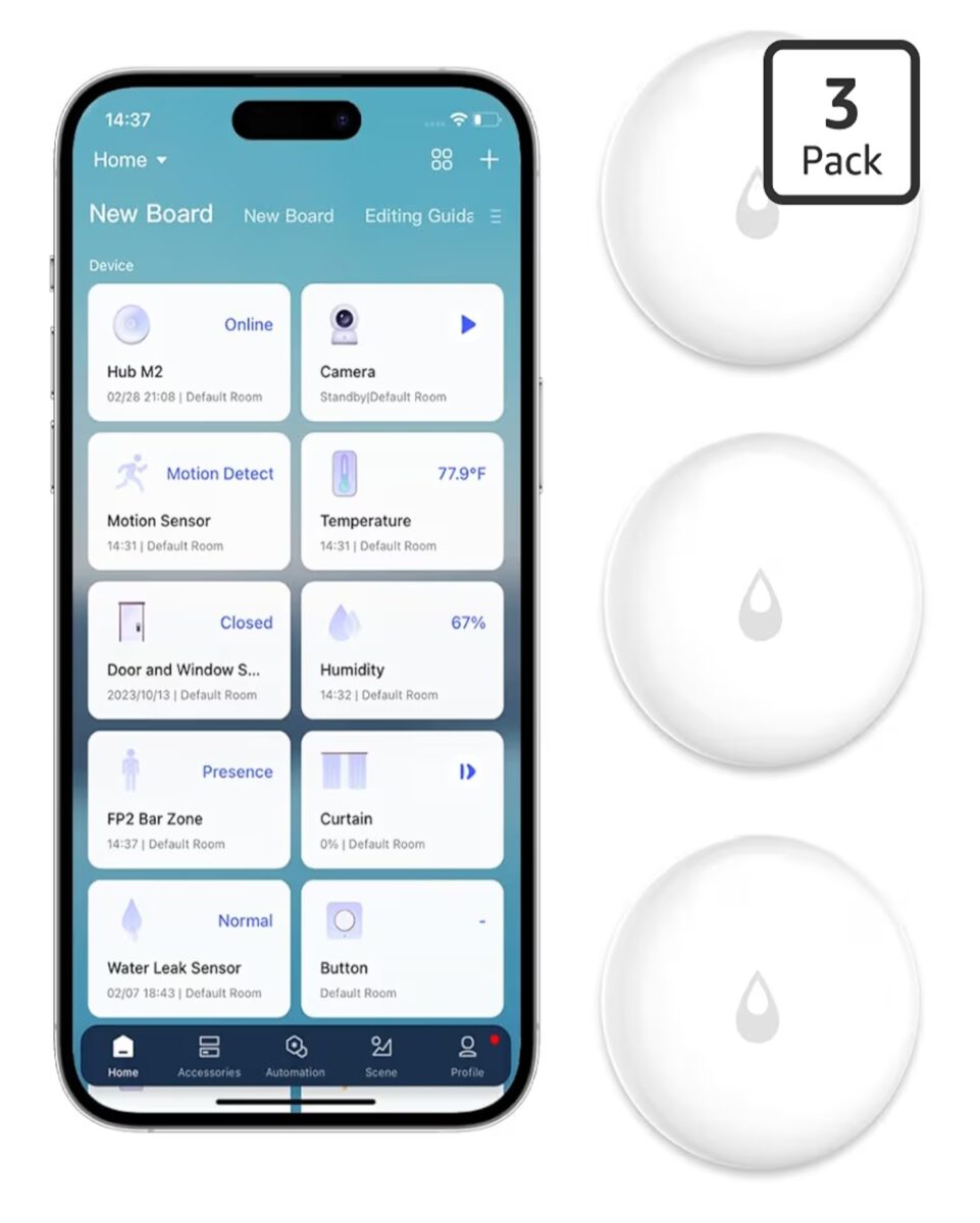 Aqara Water Leak Sensor 3 Pack, Zigbee Wireless Water Leak Detector for Alarm System and Smart Home Automation, Requires AQARA HUB, App Notifications, for Kitchen, Bathroom, Basement, Works with IFTTT