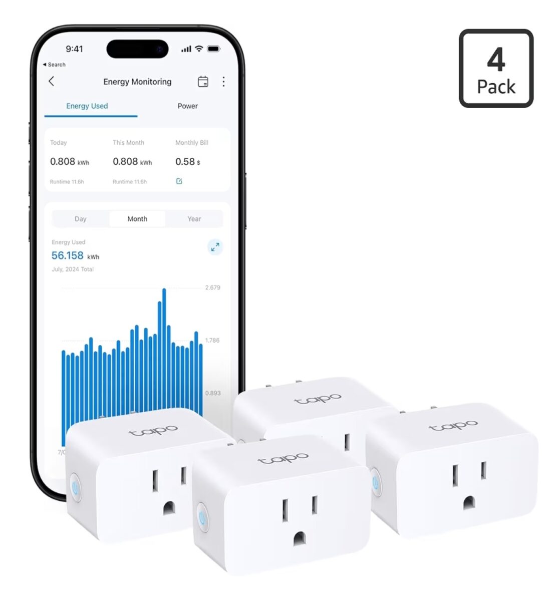 TP-Link Tapo Smart Plug Mini, Matter Compatible, Compatible with Alexa, Google Home & Samsung SmartThings, Energy Monitoring, 15A, UL Certified, 2.4G Wi-Fi Only, Tapo P110M(4-Pack)