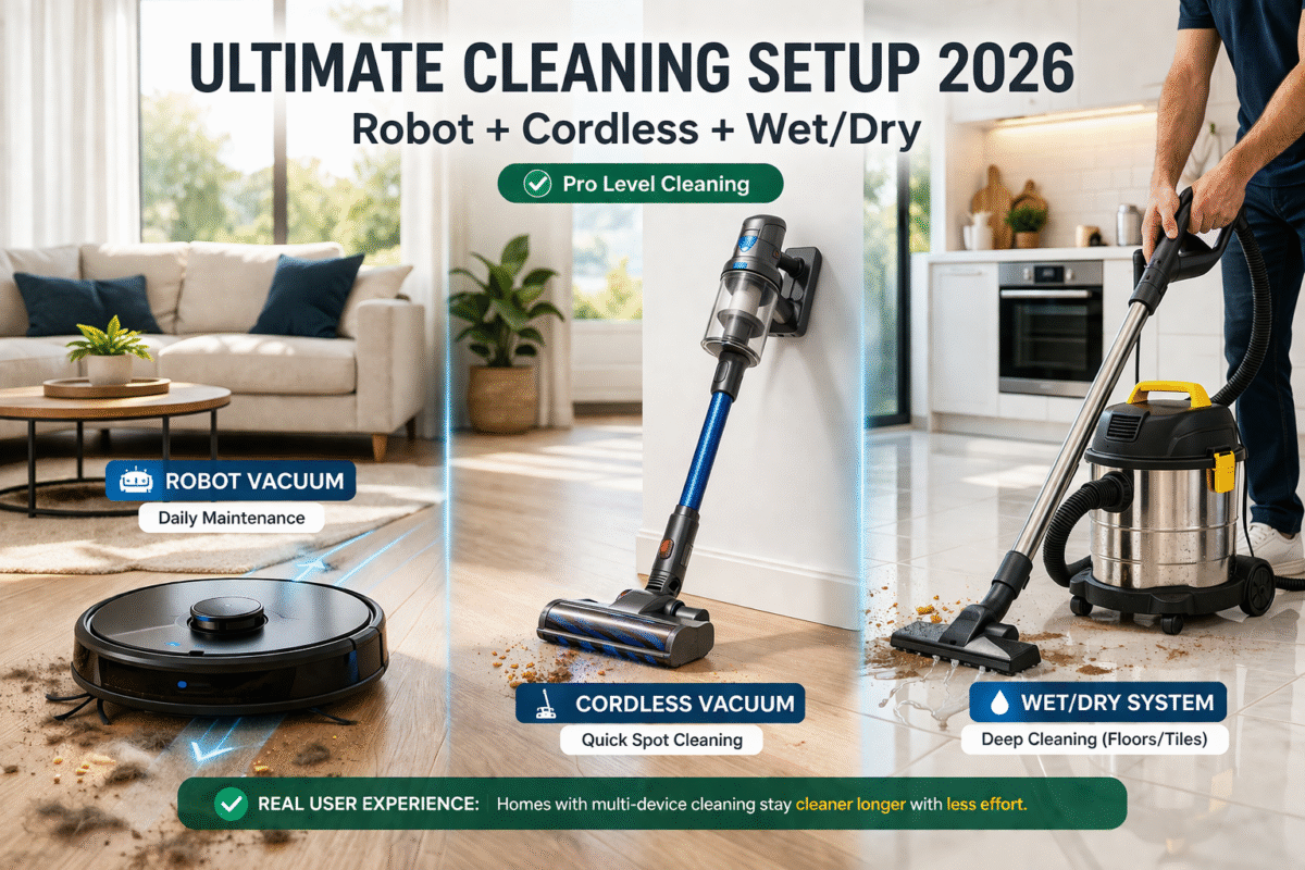 Automation System #5: Multi-Device Cleaning Optimization
Most users rely on a single device, but one of the most effective smart home automation ideas 2026 is combining multiple cleaning systems into one workflow.

Instead of choosing between devices, advanced users integrate them.

Optimized Cleaning Stack:
Robot vacuum for daily maintenance
Cordless vacuum for quick spot cleaning
Wet/dry systems for deep cleaning
This layered approach eliminates gaps in cleaning efficiency.

👉 Full comparison here:
cordless vacuum comparison

👉 Best systems for pet owners:
robot vacuums for pet hair

Real User Experience:
Homes that combine multiple cleaning tools report significantly better long-term cleanliness with less effort compared to single-device setups.