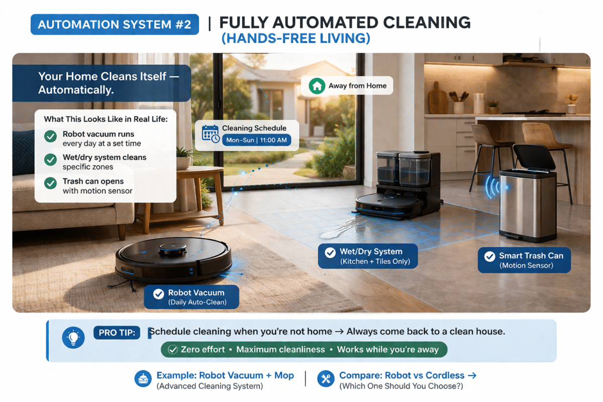 Automation System #2: Fully Automated Cleaning (Hands-Free Living)
Cleaning automation is where smart homes deliver the most practical value.

Instead of thinking about cleaning, your home handles it on schedule.

What This Looks Like in Real Life:
Robot vacuum runs every day at a set time
Wet/dry systems clean specific zones
Trash systems operate with motion sensors
👉 Example of advanced cleaning system:
robot vacuum that vacuums and mops automatically

👉 Compare alternatives:
robot vacuum vs cordless vacuum

Pro Tip:
Schedule cleaning when you’re not home. This creates the illusion of a constantly clean environment with zero effort.