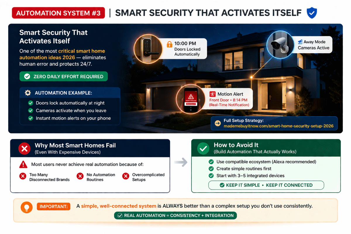 Automation System #3: Smart Security That Activates Itself
Security is one of the most critical smart home automation ideas 2026 because it removes human error.

Instead of remembering to lock doors or check cameras, your system handles everything.

Automation Example:
Doors lock automatically at night
Cameras activate when you leave home
Motion alerts trigger real-time notifications
👉 Full setup strategy here:
smart home security setup 2026

When configured correctly, this system reduces risk without requiring daily attention.

Why Most Smart Homes Fail (And How to Avoid It)
Despite having access to advanced devices, most users never achieve real automation.

The main reasons include:

Using too many disconnected brands
Lack of automation routines
Overcomplicating setups
👉 Avoid these critical mistakes:
smart home mistakes to avoid

Important:
A simple, well-connected system is always better than a complex setup that you don’t use consistently.