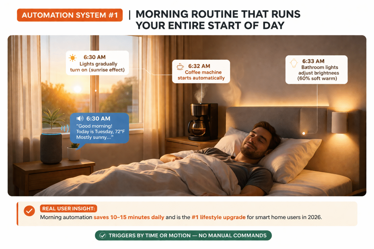 Automation System #1: Morning Routine That Runs Your Entire Start of Day
This is one of the most powerful and underrated smart home automation ideas 2026.

Instead of waking up and manually starting your day, your home can handle everything automatically.

Real Setup Example:
Lights gradually turn on at 6:30 AM
Smart speaker starts weather + news briefing
Coffee machine activates automatically
Bathroom lights adjust brightness
This system eliminates at least 10–15 minutes of daily friction.

Real User Insight:
Most users report that morning automation is the single biggest upgrade in perceived lifestyle quality because it removes decision-making early in the day.
The key is consistency. Your routine must trigger based on time or motion, not manual commands.