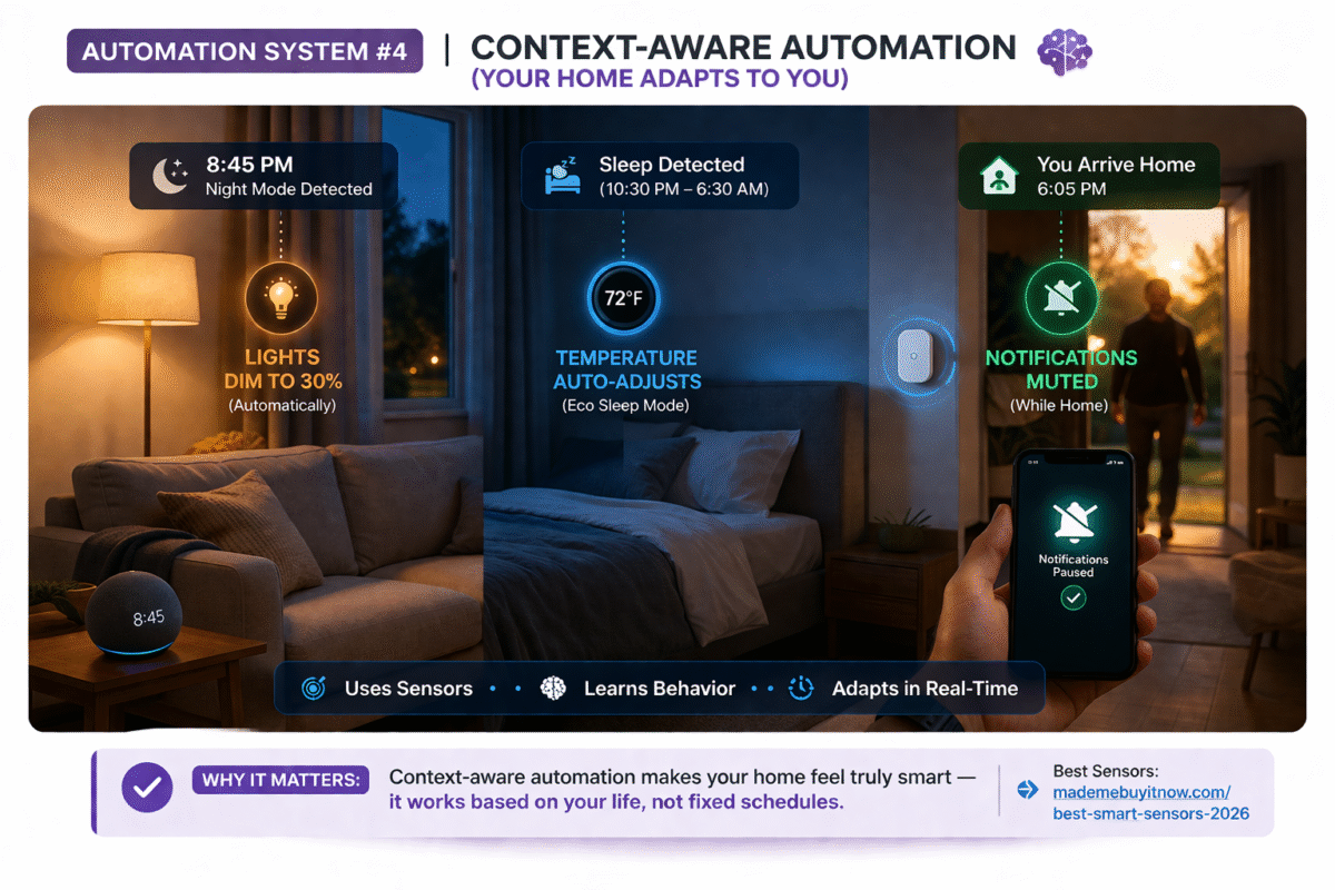 Automation System #4: Context-Aware Automation (Your Home Adapts to You)
One of the most powerful smart home automation ideas 2026 is context-aware automation — systems that change behavior depending on your presence, time, or habits.

Real Example:
Lights dim automatically at night without manual control
Temperature adjusts based on your sleep schedule
Notifications are muted when you are home
This type of automation relies on sensors and behavior patterns rather than fixed schedules.

👉 Explore smart sensors that enable this:
best smart sensors for home automation

Why it matters:
Context-based automation reduces the need to constantly interact with your devices, making your home feel truly “smart” instead of reactive.
